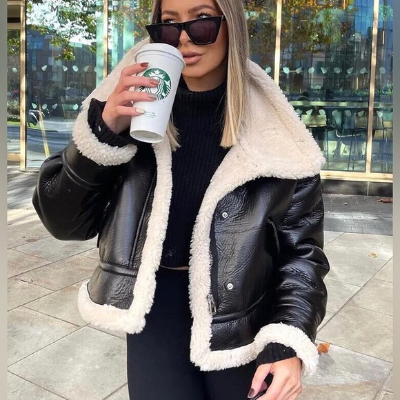 Leather jacket coat shearling faux buckle belt black cream - Picture 5 of 9